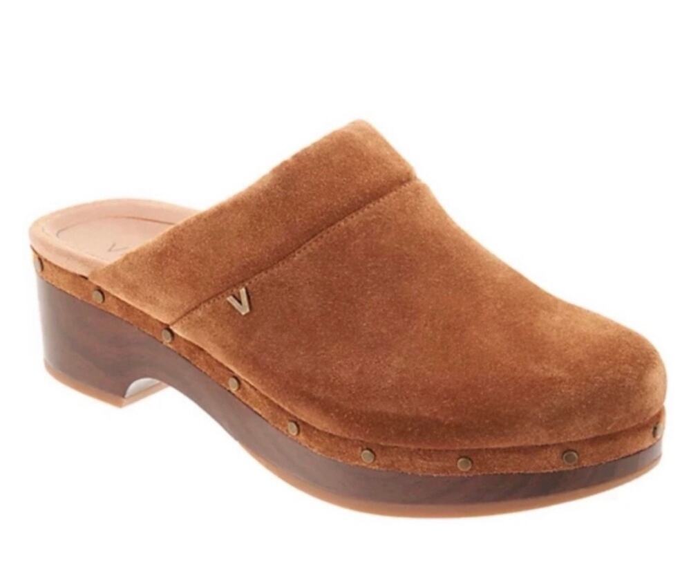 Vionic Kacie Suede Heeled Clogs in brown suede in Size 8. NWOB